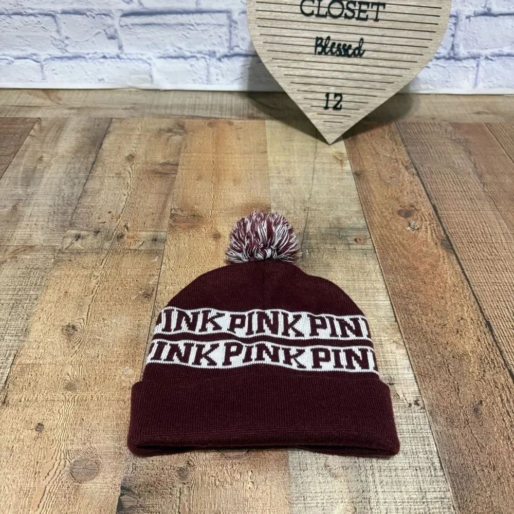 Victoria’s Secret PINK Beanie Pompom Hat Maroon Holiday Wine